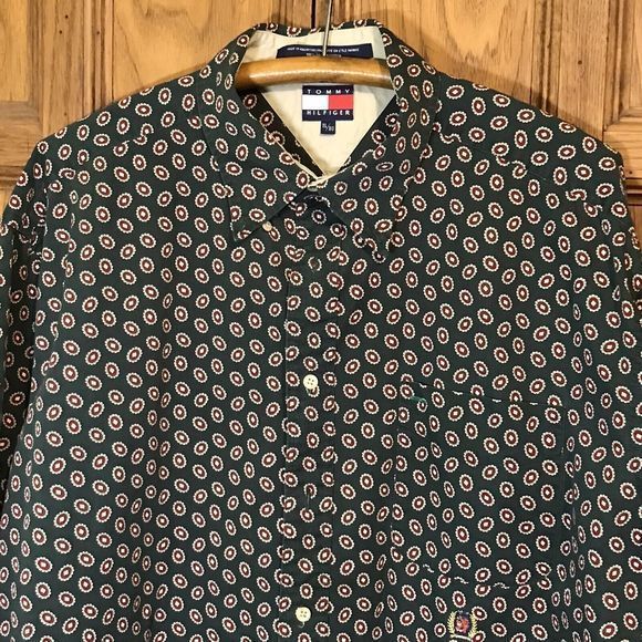 Tommy Hilfiger XL Oxford Button-Down Green Print‎ Shirt Pocket Flag & Crest Logo - Picture 3 of 12